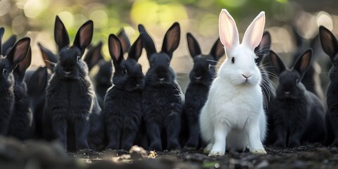 White Rabbit Standing Out Among Black Rabbits in Grassy Field