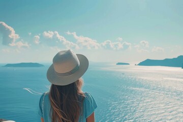 Young woman in blue hat enjoys freedom in Santorini.