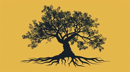Root Of The Tree logo illustration. Vector silhouette of a tree, green forestry strong root tree logo, High detail illustration of an old olive tree, hand drawn, vector