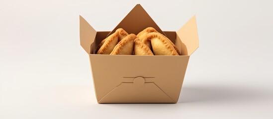 A copy space image of a Chinese take out box featuring a fortune cookie set against a plain white background