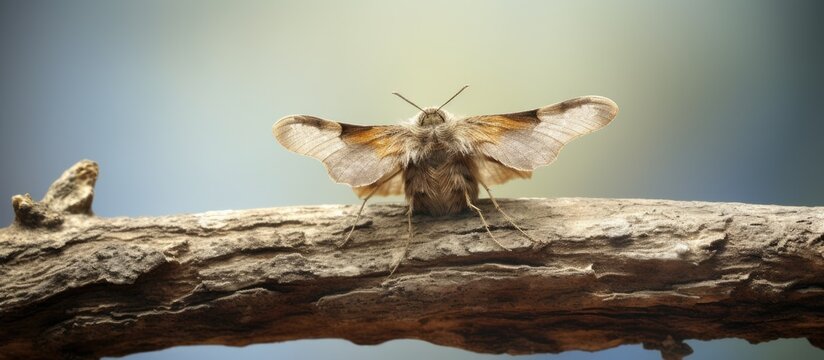 A Tethea ocularis moth from the Drepanidae family known as the Figure of Eighty perched on a twig with a blurry background in this copy space image