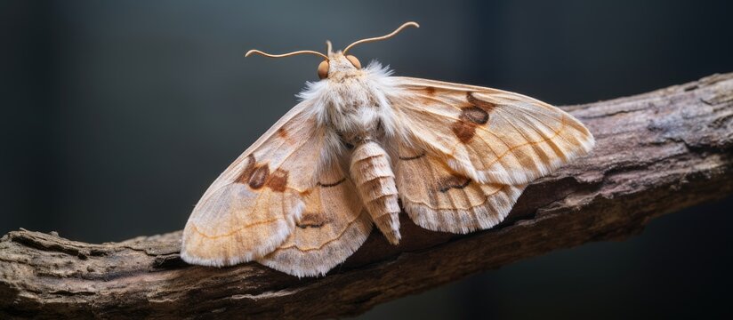 A Tethea ocularis moth from the Drepanidae family known as the Figure of Eighty perched on a twig with a blurry background in this copy space image
