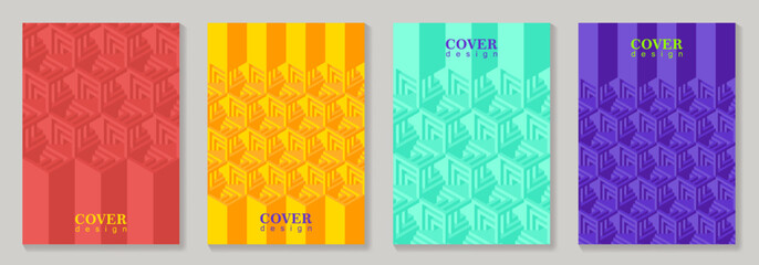 Modern abstract covers set with 3D geometric background for cover design, brochure, catalog, menu design, social media, flyer, cards, poster. Colorful op art vector illustration with optical illusions