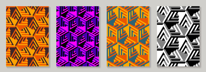 Modern abstract covers set with 3D geometric background for cover design, brochure, catalog, menu design, social media, flyer, cards, poster. Colorful op art vector illustration with optical illusions