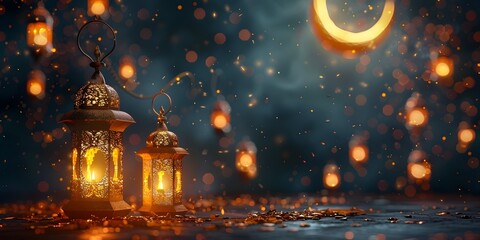 Glowing Crescent Moon and Traditional Lanterns Symbolizing the Warmth of Ramadan Season