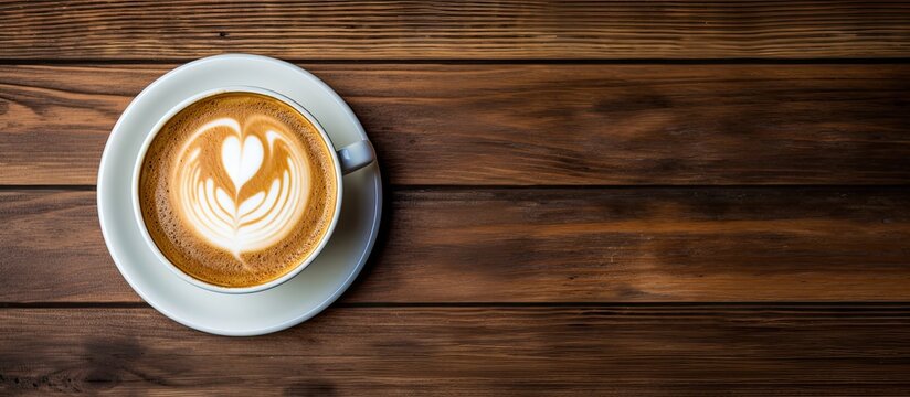 A top down view of a cup of coffee placed on a wooden table with a textured background The image portrays a cafe concept with a hot morning drink a delightful breakfast aroma and a fresh latte contai