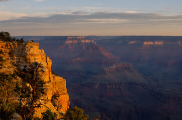 grand canyon sunrise with the rocks in red color 