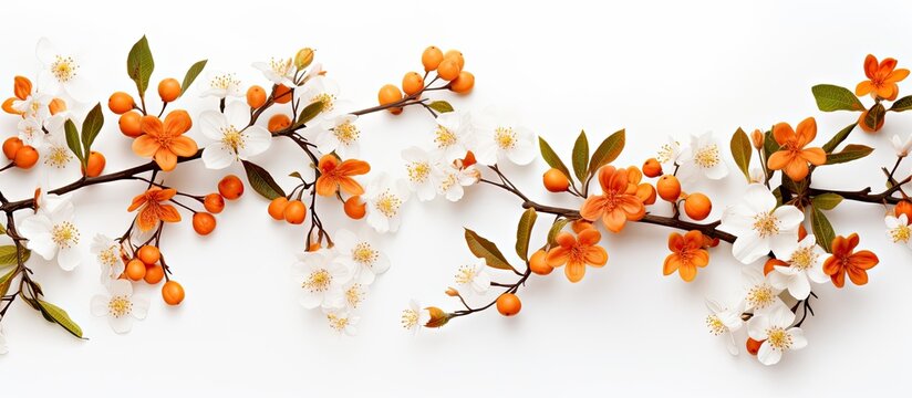 Top view of a fall themed flat lay with beautiful orange flowers on a white background creating an autumn inspired composition with ample copy space