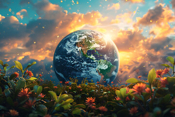Obraz na płótnie Canvas A vibrant blue and green eco Earth globe symbolizes environmental world protection, ecological conservation, and the urgent message of 