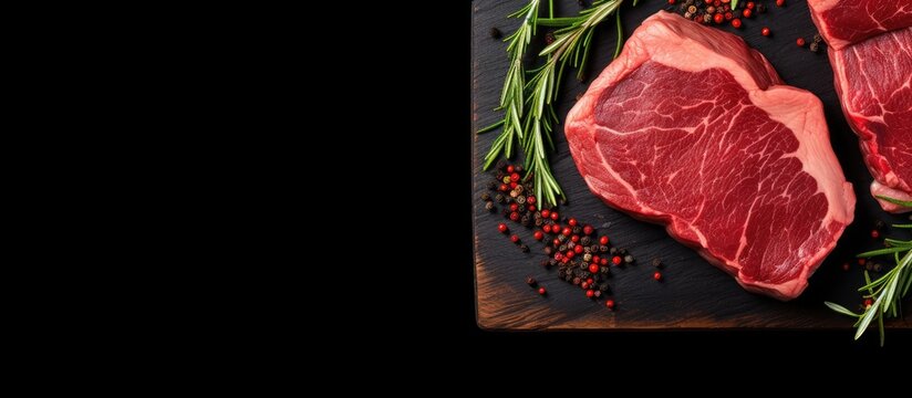 A black background with a top view of fresh raw beef meat steaks on a butcher cutting board Ample copy space available in the image