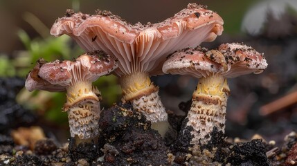 Detailed Close-Up of Dew-Kissed Wild Mushrooms in Natural Habitat