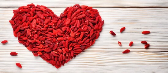 Top view of a heart shaped arrangement consisting of dried goji berries placed on a white wooden table with ample copy space for text showcasing this nutritious superfood