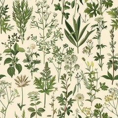 Vintage Botanical Illustration Collection with Various Herb Species