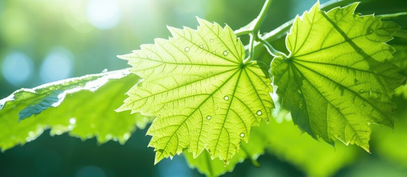 A vibrant green mulberry leaf glistens in the summer sun providing a refreshing and invigorating sight. Copyspace image