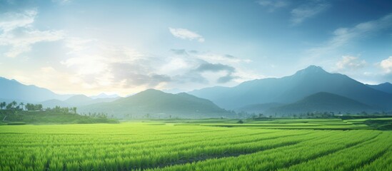 Morning view of rice fields with rice planted copy space image