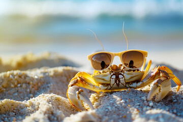 Crab wearing sunglasses sitting on a sandy beach