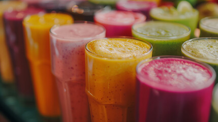 Assortment of fresh smoothies made from various colorful fruits