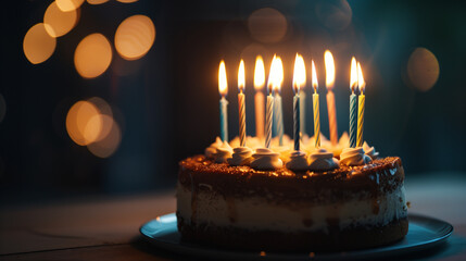Birthday cake with multiple lit candles in a dark room