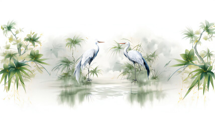 Chinoisserie Mural Wallpaper, Watercolor background, storks, Tropical plant,