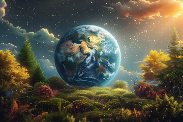 A vibrant blue and green eco Earth globe highlighting themes of environmental world protection, ecological conservation, and the message of "Save the Planet" in celebration of Earth Day