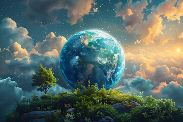 A vibrant blue and green eco Earth globe highlighting themes of environmental world protection, ecological conservation, and the message of "Save the Planet" in celebration of Earth Day