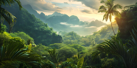 Lush greenery and misty mountains bathed in the golden light of dawn