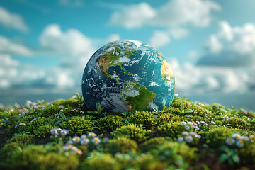 A vibrant blue and green eco Earth globe highlighting themes of environmental world protection, ecological conservation, and the message of "Save the Planet" in celebration of Earth Day