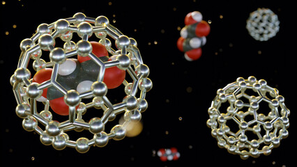 3d rendering of drug molecules inside of fullerene