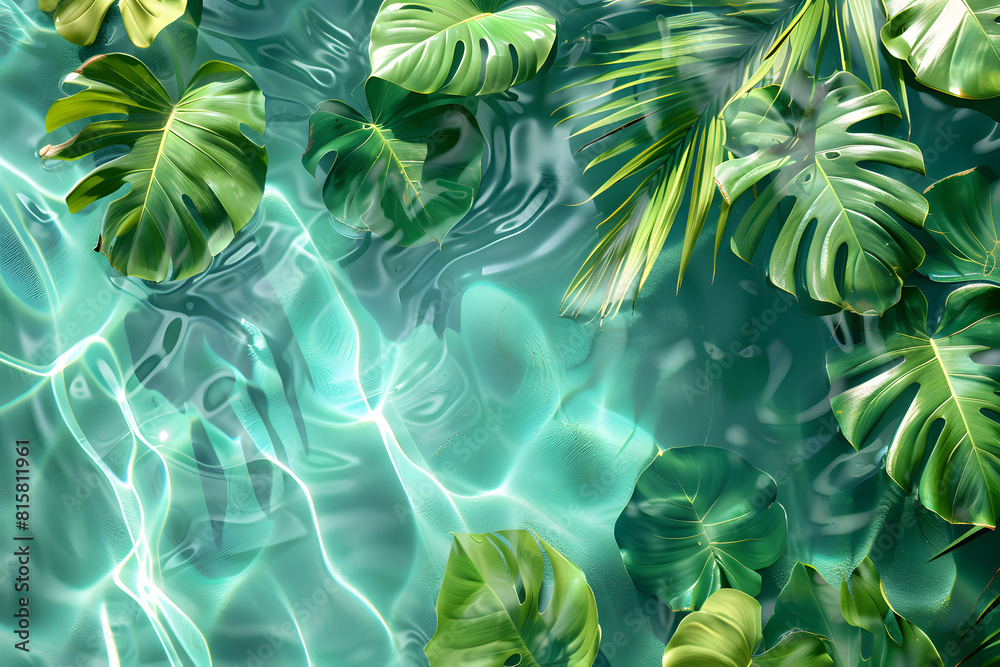 Wall mural Tropical monstera leaves on water reflection