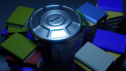 3d rendering of garbage can and pile of books