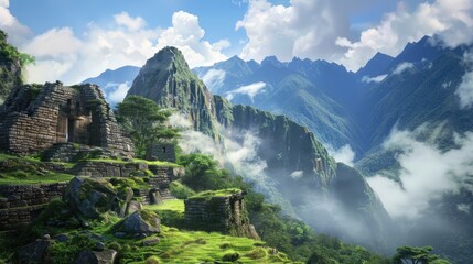 Majestic ruins mountains in the background, capturing the awe of discovery. 