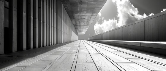 Black and white photo of a long concrete walkway with a large window at the end.