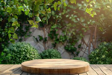Serene wooden podium on nature background