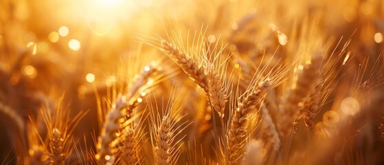 Closeup of golden wheat field with sunlight in the background.