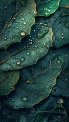 Fototapeta premium Close-up of raindrops on dark green leaves.