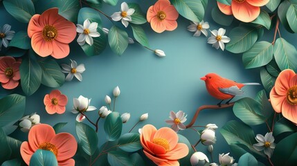 Fototapeta premium Aa beautiful bird sitting on a branch surrounded by colorful flowers. The background is a soft blue color.
