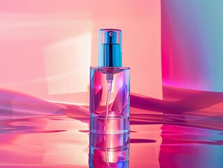 Stylish primer bottle with pump, highlighted on a reflective surface, emphasizing its ability to prep and brighten skin