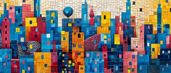 Colorful painting of a cityscape with blue sky and a hot air balloon.