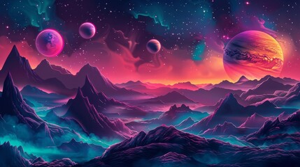 Fantasy alien landscape with vibrant colors and glowing planets in the sky.