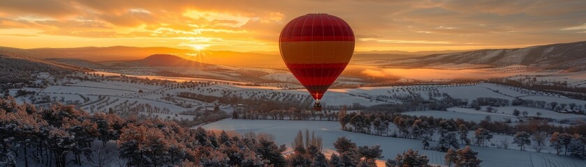 Hot air balloon flies over snow-covered landscape at sunrise