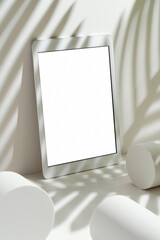 White blank screen digital tablet mockup, template with geometric objects