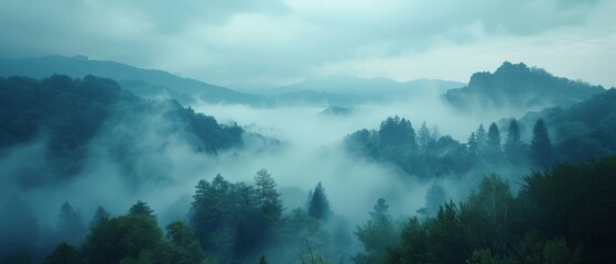 Misty forest landscape with blue mountains in the distance.