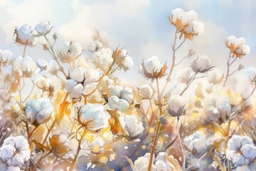 A painting of a field of cotton flowers with a blue sky in the background