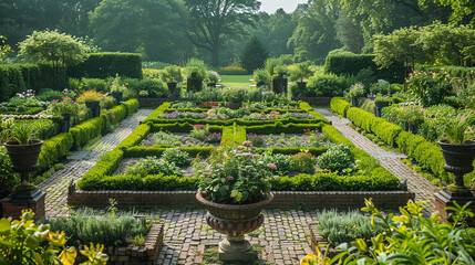 A geometric garden bursting with symmetrical blooms and angular foliage, creating a harmonious balance of shape and form.