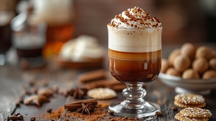 festive cocktail presentation, tall glass filled with layers of irish coffee, topped with a sprinkle of cinnamon for an added flavor boost, creating a visually appealing cocktail