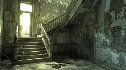 Abandoned House Interior With Staircase And Light Coming Through The Window