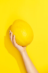 Hand holding melon on yellow background