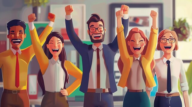 Group of business workers smiling happy Standing with fists up at the office The concept of success and luck in business Illustration for cover