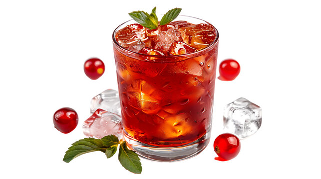Cool delicious shirley temple cocktail with ice cubes decorated with mint isolated on transparent background