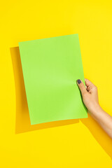 Hand holding green paper mockup